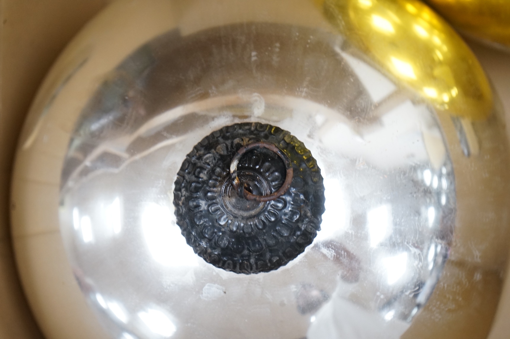 Two large witches balls, one silver and one gold, circumference approx. 82cm